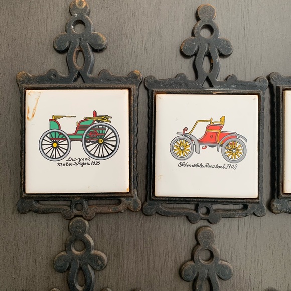 Vintage 60s San Huan Cast Iron Tile Antique Car Trivets Decorative Tiles - Picture 2 of 6